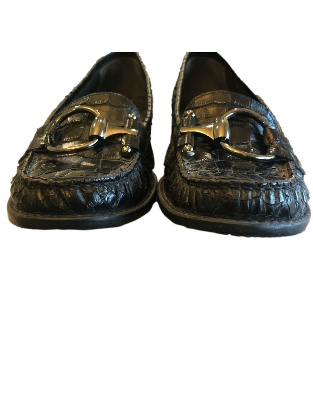 STUART Weitzman 10 N black reptile texture leather loafers with decorative ring - Picture 7 of 11